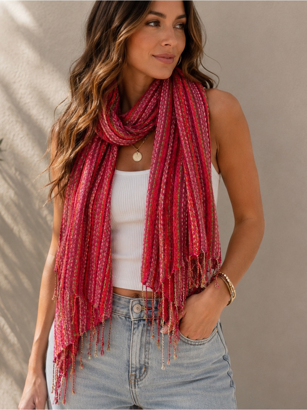 Banana Republic Pink Multi-Stripe Fringe Scarf